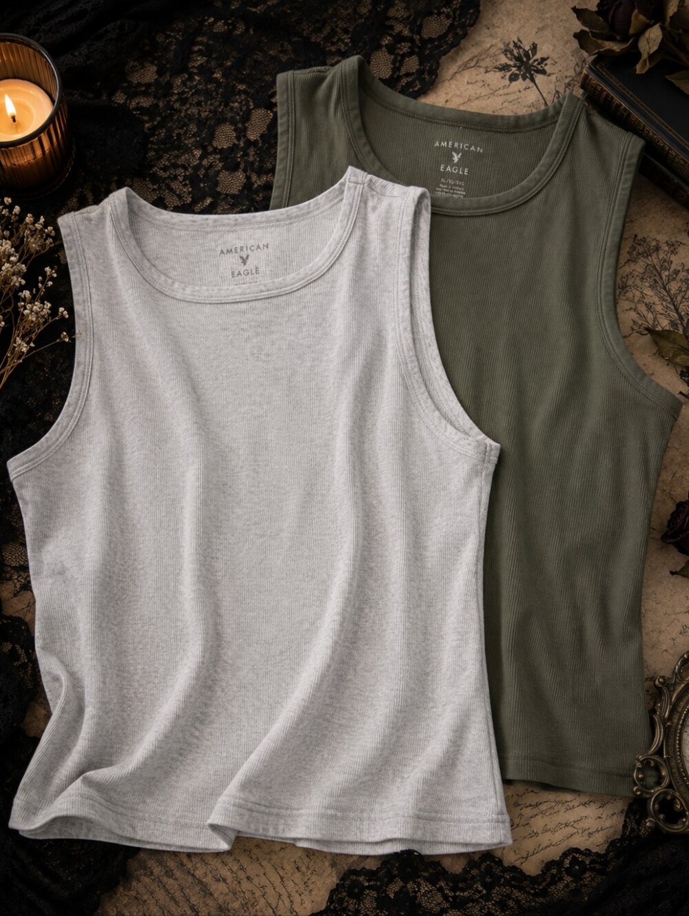 American Eagle Ribbed Tank Tops 2 Pack Olive Gray Size XL Stretch Basics
